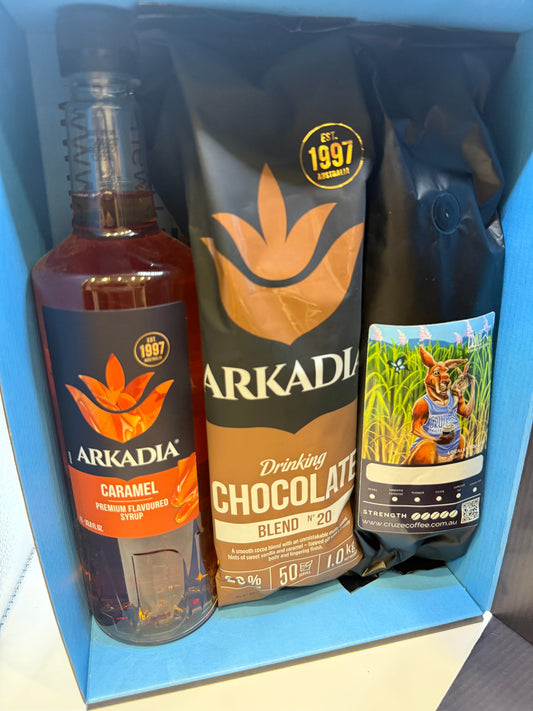 1x 500g Coffee, 1x 1L Arkadia Syrup & 1x 1KG Arkadia Powder Gift Pack